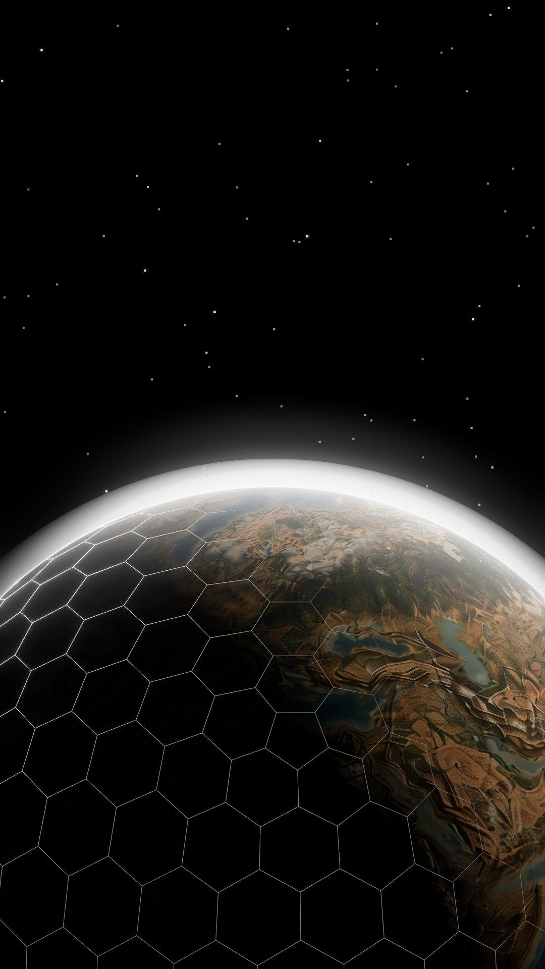 The Ancient Empires hex globe, half wireframe and half finished world
