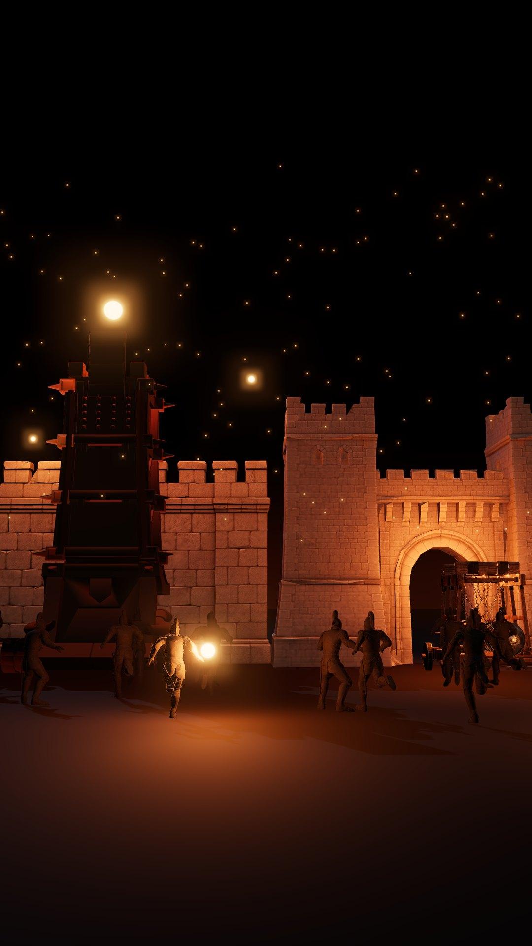 An army lays siege to a castle at night