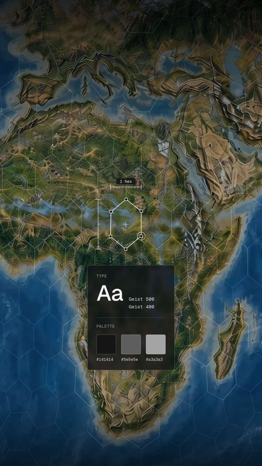 A hex map of the game world, overlaid with design notes